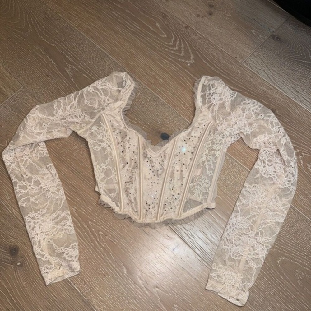 Victoria's Secret Pink Long Sleeve Lace‎ Rhinestone brown Bra Size XS